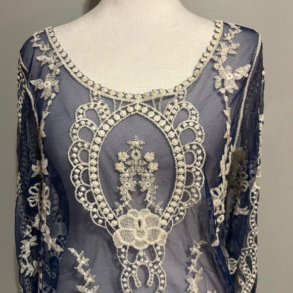You Are Not Alone lace sheer‎ mesh embroidered boho long sleeved blue top size L - Picture 2 of 8